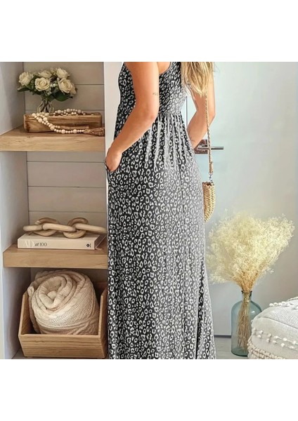 Kadın Kalın Askılı Yuvarlak Yaka Cepli Süprem Maksi Elbise fiyatları