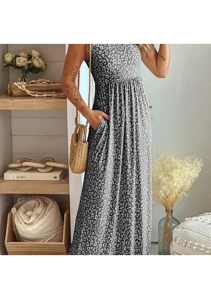 Kadın Kalın Askılı Yuvarlak Yaka Cepli Süprem Maksi Elbise modelleri