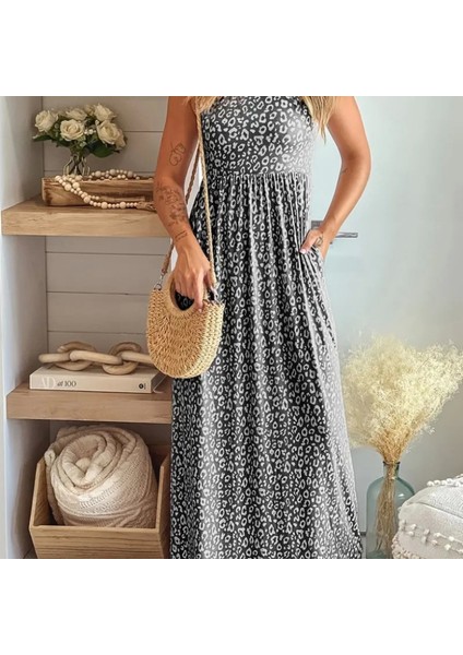 Kadın Kalın Askılı Yuvarlak Yaka Cepli Süprem Maksi Elbise fırsatları