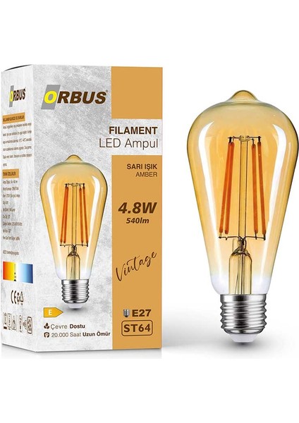 STA64 LED Filament Ampul 4.8W 540 Lümen E27 Duy Sarı Işık (2700K) fiyatları