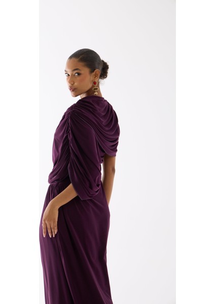 Kayık Yaka Mürdüm Uzun Tasarım Elbise fiyatları