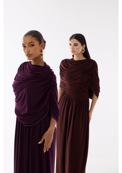 Kayık Yaka Mürdüm Uzun Tasarım Elbise modelleri