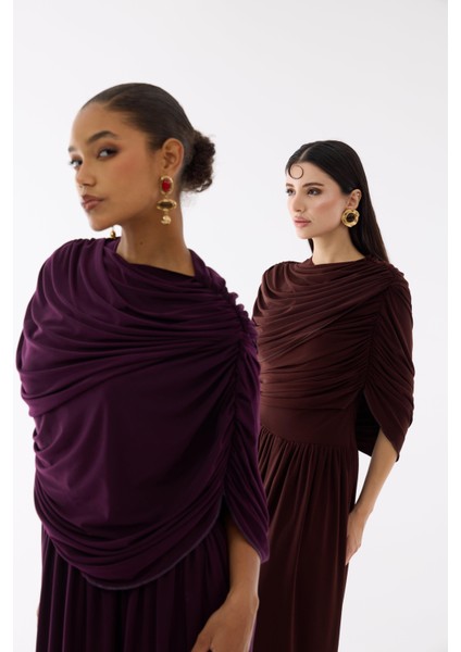 Kayık Yaka Mürdüm Uzun Tasarım Elbise fırsatları