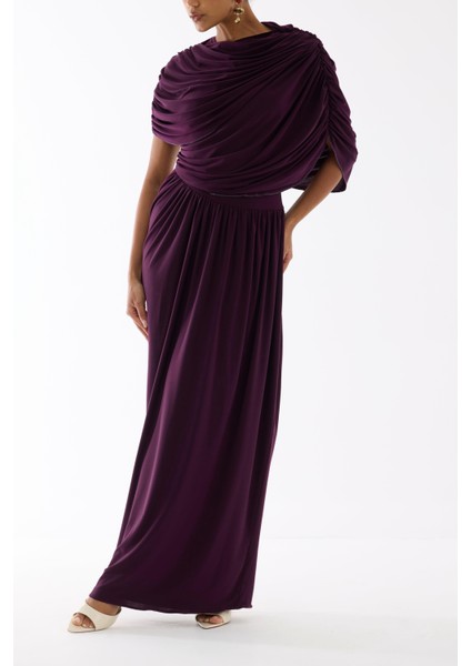 Kayık Yaka Mürdüm Uzun Tasarım Elbise indirimleri