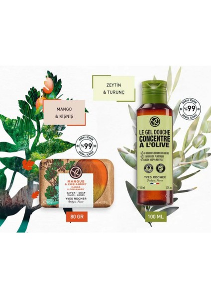 Canlandırıcı Zeytin-Turunç ve Mango Esintili Duş ve Bakım Seti - Duş Jeli 100ML + Katı Sabun 80 gr