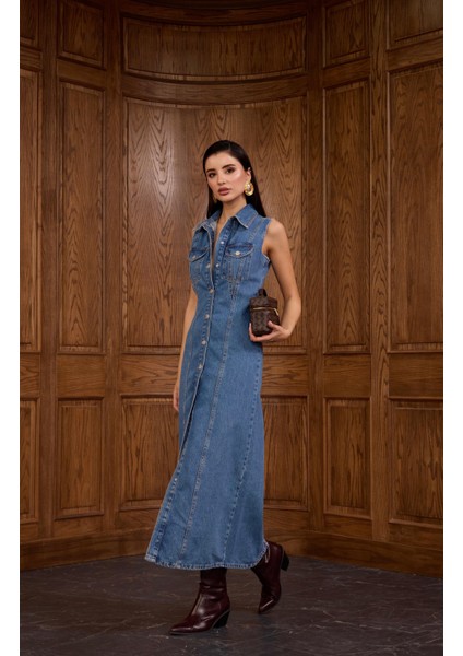 Çıtçıtlı Premium Denim Elbise