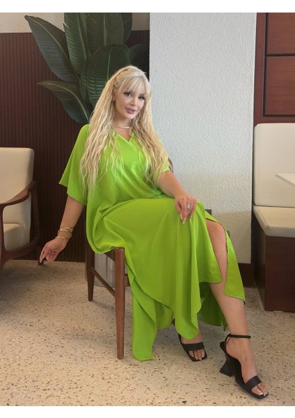 Kadın Büyük Beden Yarasa Kol Yırtmaçlı Dokuma Jessica Elbise(Kemer Dahil Değildir)