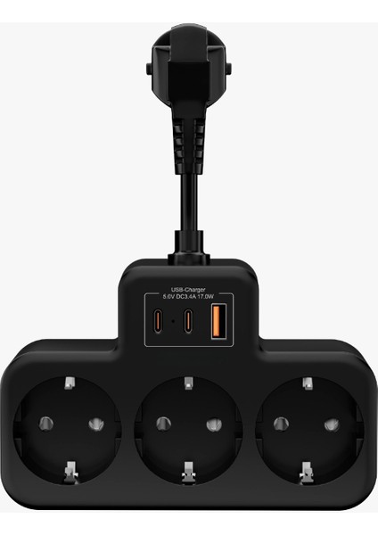 Çoklu Kablolu Priz Yüksek Gerilim Korumalı 3'lü Priz 1x USB 2x Type-C Çıkışlı Grup Priz Çoğaltıcı