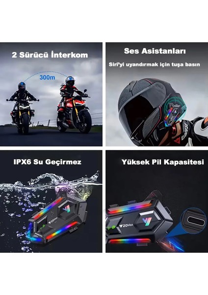 2 Adet Y20 Max Telsiz Özellikli 5.3 Motosiklet Kask Kulaklık Intercom Işıklı Motorsiklet Interkom indirimleri