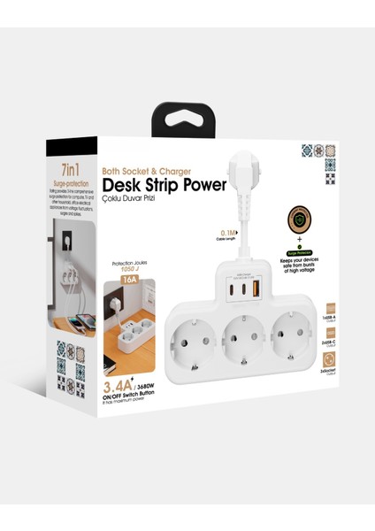 Çoklu Kablolu Priz Yüksek Gerilim Korumalı 3'lü Priz 1x USB 2x Type-C Çıkışlı Grup Priz Çoğaltıcı