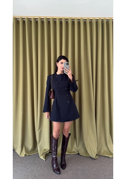 Düğmeli Lacivert Ceket Elbise