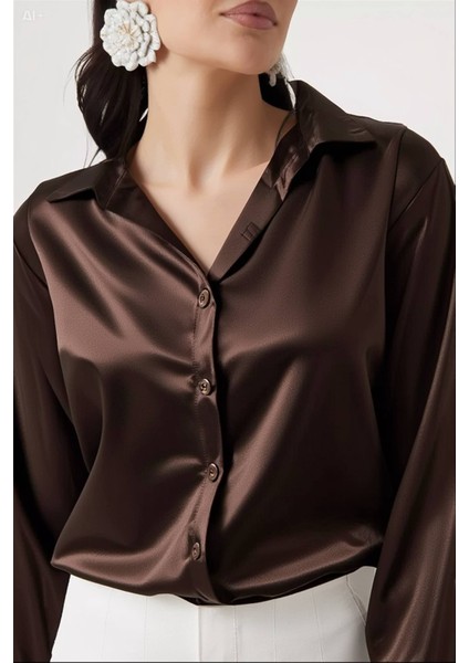 Kadın Kahverengi Hafif Dökümlü Saten Yüzeyli Gömlek HZL22W-BD139641 fiyatları