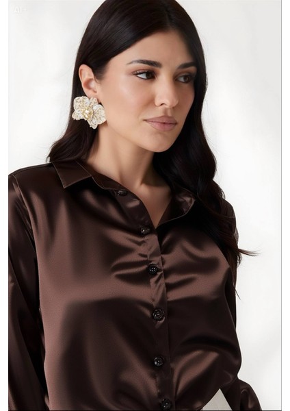 Kadın Kahverengi Hafif Dökümlü Saten Yüzeyli Gömlek HZL22W-BD139641 modelleri