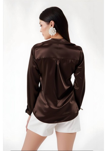 Kadın Kahverengi Hafif Dökümlü Saten Yüzeyli Gömlek HZL22W-BD139641 indirimleri