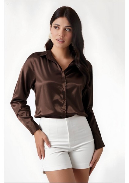 Kadın Kahverengi Hafif Dökümlü Saten Yüzeyli Gömlek HZL22W-BD139641