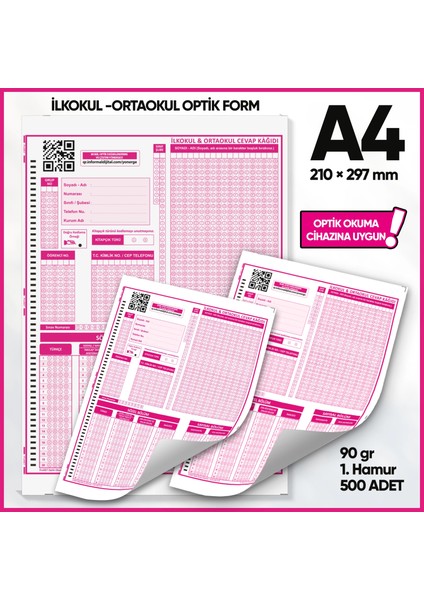 İlkokul-Ortaokul Deneme Sınavları için 500 Adet (90.gr) Optik Form - Optik Okuma Uyumlu fiyatları