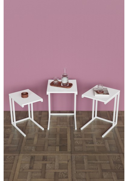 3'lü C Model Zigon Sehpa Beyaz Metal