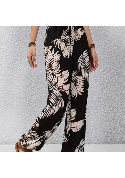 Kadın Yüksek Bel Bağcıklı Yaprak Desenli Süprem Pantolon