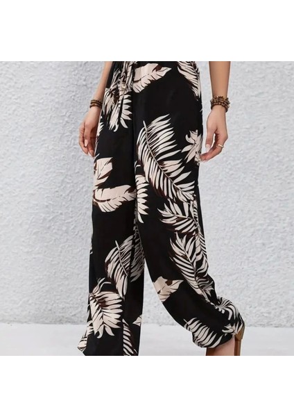 Kadın Yüksek Bel Bağcıklı Yaprak Desenli Süprem Pantolon modelleri