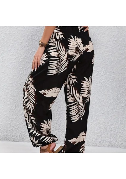 Kadın Yüksek Bel Bağcıklı Yaprak Desenli Süprem Pantolon fırsatları