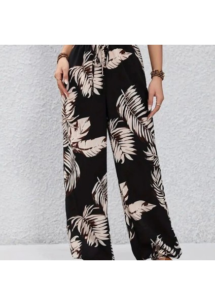 Kadın Yüksek Bel Bağcıklı Yaprak Desenli Süprem Pantolon indirimleri