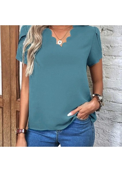 Kadın Kısa Kollu Lazer V Yakalı Ithal Krep Bluz