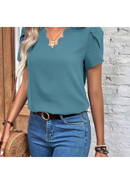 Kadın Kısa Kollu Lazer V Yakalı Ithal Krep Bluz fiyatları