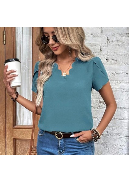 Kadın Kısa Kollu Lazer V Yakalı Ithal Krep Bluz modelleri