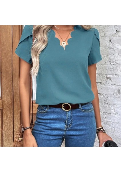 Kadın Kısa Kollu Lazer V Yakalı Ithal Krep Bluz indirimleri