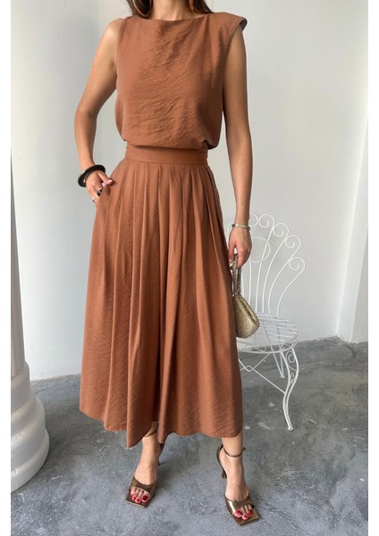 Keten Kolsuz Bluz - Maxi Etek Takım - Kahverengi modelleri