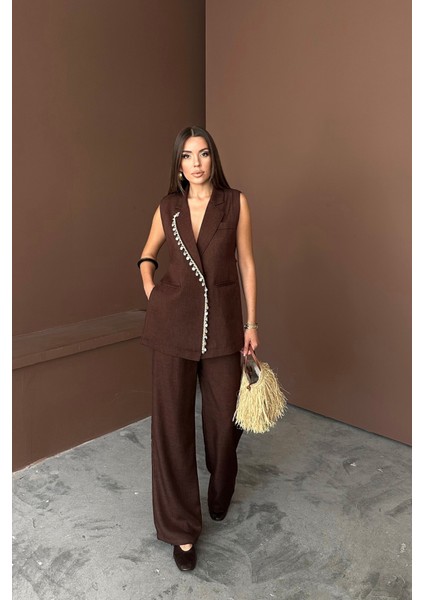 Yaka Midye Kabuğu Sıralı Yelek - Pantolontakım Keten Kumaş - Kahverengi