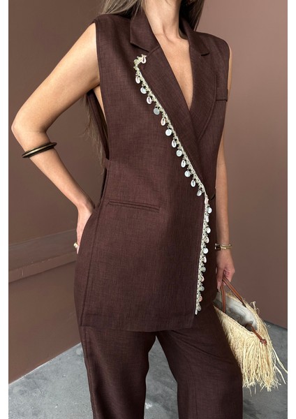 Yaka Midye Kabuğu Sıralı Yelek - Pantolontakım Keten Kumaş - Kahverengi fiyatları