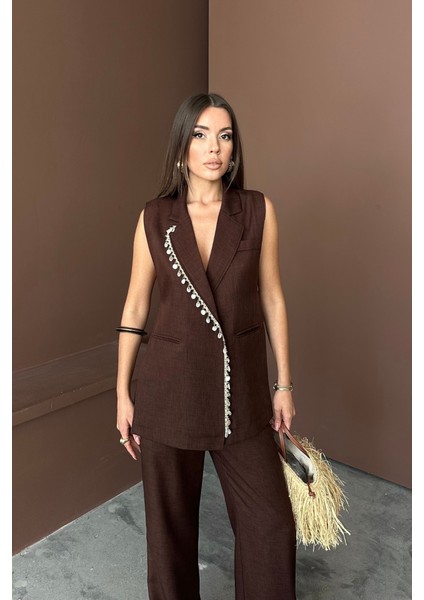 Yaka Midye Kabuğu Sıralı Yelek - Pantolontakım Keten Kumaş - Kahverengi fırsatları