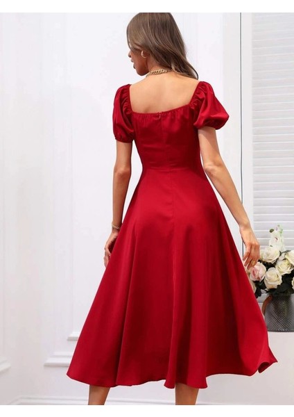 Kadın Kısa Kollu Kare Yakalı Yırtmaçlı Midi Janjan Krep Elbise