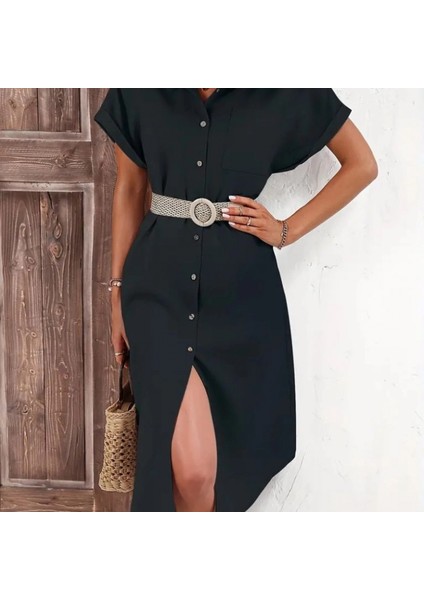 Kadın Kısa Kollu Yakalı Düğme Detay Midi Dokuma Elbise