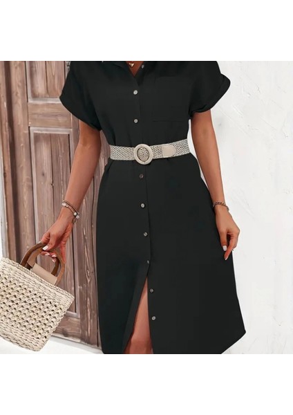 Kadın Kısa Kollu Yakalı Düğme Detay Midi Dokuma Elbise fiyatları