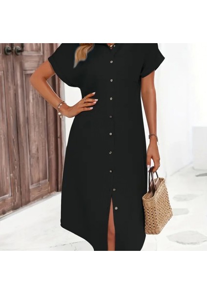 Kadın Kısa Kollu Yakalı Düğme Detay Midi Dokuma Elbise modelleri