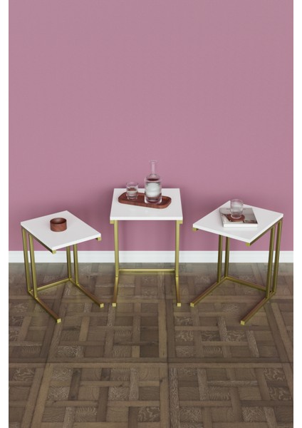 3'lü C Model Zigon Sehpa Gold Metal