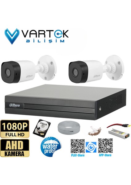 2 Kameralı 2mp Bullet 3.6mm 30M Gece Görüşlü Full Hd Güvenlik Kamera Seti