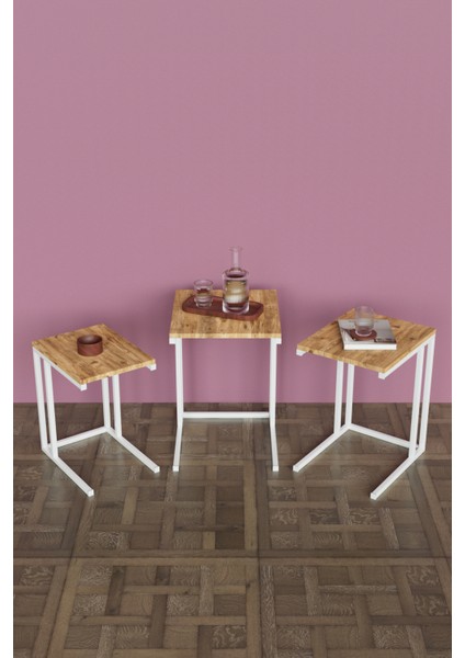 3'lü C Model Zigon Sehpa Beyaz Metal