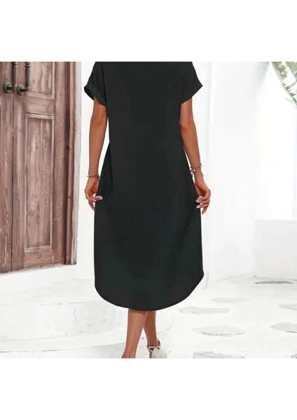 Kadın Kısa Kollu Yakalı Düğme Detay Midi Dokuma Elbise fırsatları