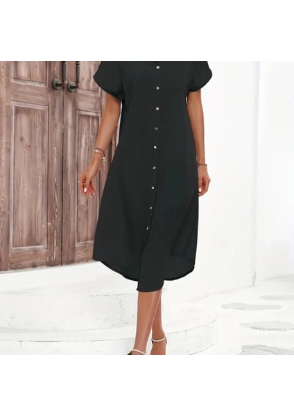 Kadın Kısa Kollu Yakalı Düğme Detay Midi Dokuma Elbise indirimleri