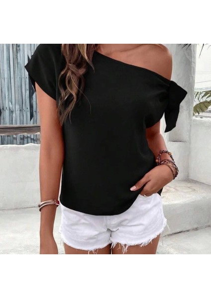 Kadın Tek Omuzu Açık Koldan Bağlamalı Janjan Krep Bluz