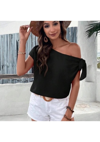Kadın Tek Omuzu Açık Koldan Bağlamalı Janjan Krep Bluz fiyatları