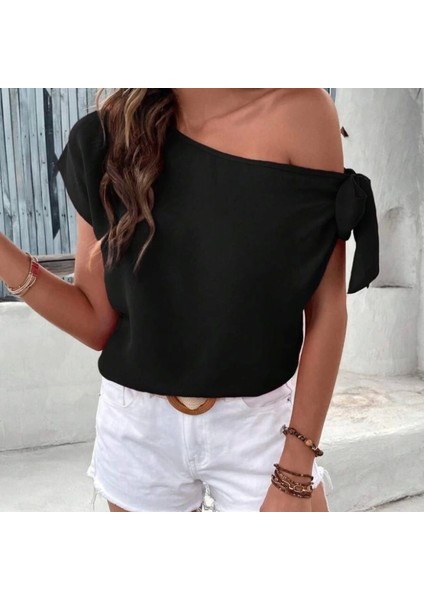 Kadın Tek Omuzu Açık Koldan Bağlamalı Janjan Krep Bluz modelleri