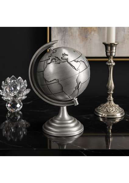 Ofis ve Ev Dekoru Için Metal Dünya Küresi Gri – Masaüstü Süs, 13X9 cm