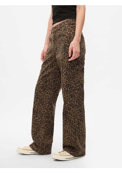 Kadın Kahverengi Mid Rise '90s Loose Leopar Desenli Kargo Jean Pantolon
