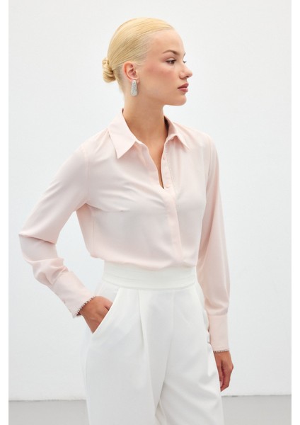 Boncuk Aksesuarlı Gömlek - Pudra fırsatları