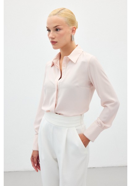 Boncuk Aksesuarlı Gömlek - Pudra indirimleri