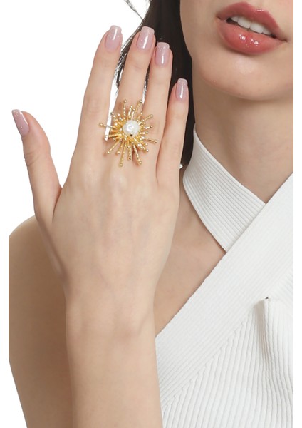 Kadın Altın Renk Kaplama Inci Detaylı Ayarlanabilir Büyük Güneş Yüzük